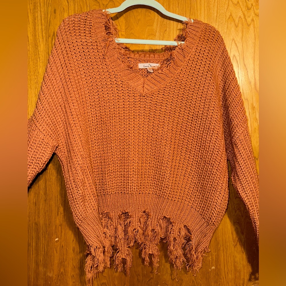 Love Tree distressed crop sweater in burnt Orange/Rust color.